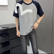 EVISU福F神海鷗2025短袖T恤寬松休閑新款潮牌圓領撞色男女12 海歐拼接黑灰色短袖 海歐拼接黑 M