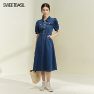 OIMG紫淑女裝商場(chǎng)同款子舒襯衫領(lǐng)牛仔連衣裙2024秋季女式短袖修身休閑 牛仔藍 S