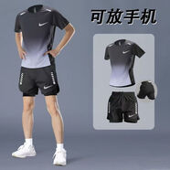 NBA VIBE耐ke運動(dòng)套裝跑步男速干夏季冰絲短袖短褲馬拉松訓練健 耐克黑灰短袖+雙層短褲有后腰袋 耐克L 建議95-115斤