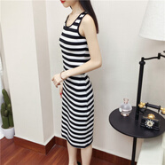 啄木鳥(niǎo)無(wú)袖吊帶背心裙女夏季內搭包臀打底裙中長(cháng)款修身連衣裙一步裙韓版 黑白寬條紋 S
