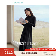 茵曼（INMAN）燈芯絨連衣裙春秋女裝新品長袖休閑針織禮服中長裙子 午夜黑-18348727 S