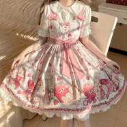 卷卷馬Lolita夏粉色可愛SJK連衣裙洛麗塔大童套裝裙女孩生日表演蛋糕裙 粉色吊帶裙+短袖內(nèi)搭+發(fā)帶+裙撐( S