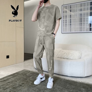 花花公子潮牌短袖t恤男夏季時尚衣服長褲男裝兩件套仿亞棉麻休閑運動套裝 CJ8908卡其 L （115-130斤）