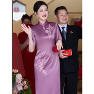 帕絲特喜婆婆國風(fēng)刺繡婚慶宴會(huì )禮服中式立領(lǐng)開(kāi)叉旗袍結婚裝 紫色 2XL
