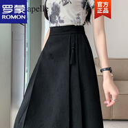 羅蒙國風(fēng)半身裙女2024春夏新款提花百褶裙中長款中式a字大擺馬面裙子 黑色 S