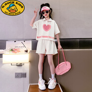 G.DUCKKIDS女童夏季套裝短袖POLO衫韓版中大童學(xué)院風(fēng)女孩運動(dòng)短褲兒童兩件套 白色愛(ài)心套裝 140
