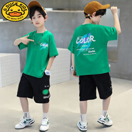 G.DUCKKIDS男童短袖套裝兒童夏裝2024新款洋氣中大童T恤五分褲男孩短褲套裝 RML字母笑臉套裝-綠 140 cm
