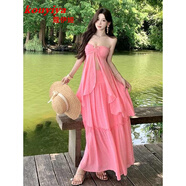 蔻伊婭（Kouyiya）品牌女裝新品粉色氣質(zhì)連衣裙女2025夏季高級(jí)感露背掛脖度假長裙女 粉色 S