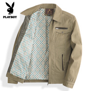 花花公子（PLAYBOY）爸爸裝春秋純棉夾克衫中年男士立領(lǐng)寬松外套秋裝男40-50歲薄上衣 【翻領(lǐng)拉鏈】 卡其色 兩個(gè)內口袋 L 175【建議110-130斤】