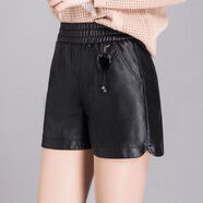 蘭威費雷皮短褲女秋冬新款高腰闊腿A型外穿寬松休閑褲皮褲衩潮 皮褲黑色 XL