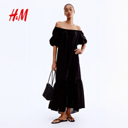 H&M女裝連衣裙2025年夏季新款印花泡泡袖長裙寬松連身裙1289379 黑色 XL 175/116