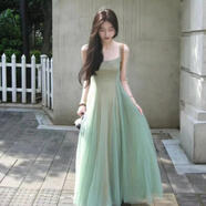 蕓蕁裙子女夏季2025新款絕美清純海邊度假仙女裙氛圍感氣質(zhì)網(wǎng)紗吊帶連 長(zhǎng)吊帶+綠色長(zhǎng)裙 M 100-110