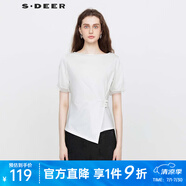 S.DEER圣迪奧女裝復古圓領壓褶盤扣網(wǎng)紗不規(guī)則T恤S24260101 本白/9B S 160