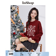 InShop【商場(chǎng)同款】新款少女感別致提花毛衣女款溫柔泡泡袖上衣 復古紅色 均碼