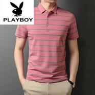 花花公子（PLAYBOY）夏季新款短袖t恤男純棉polo領衫翻領條紋體恤中年爸爸上衣T 88123粉色 XL 175建議140-155斤