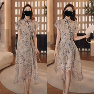 謎尚他她有女人味連衣裙新中式油墨畫(huà)國風(fēng)盤(pán)扣氣質(zhì)小飛袖連衣裙女夏季開(kāi)叉 圖片色 S 均碼