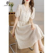 clotho Rennie品牌女裝白色蕾絲連衣裙女2025夏季新款溫柔風(fēng)氣質(zhì)名媛收腰長(zhǎng)裙 米白色 L