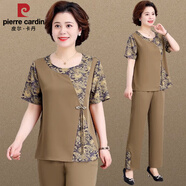 皮爾卡丹（pierre cardin）媽媽夏裝時尚洋氣套裝2025新款夏季貴夫人40歲50短袖女中老年女裝 卡其色 3XL （適合120-135斤）