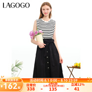 lagogo條紋拼接舒適全棉連衣裙女拉谷谷夏季新款高腰無(wú)袖A字裙 混色(Y0) S