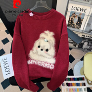 皮爾卡丹（pierre cardin）慵懶軟糯風(fēng)毛絨狗狗提花針織衫秋冬溫柔甜美穿搭寬松百搭加厚毛衣 紅色【商場(chǎng)同款版】 M _建議100-110斤