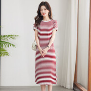 NicoleJolie條紋真口袋連帽連衣裙女2025季新款韓版寬松顯瘦休閑氣質(zhì)長(cháng)裙子 紅白 S