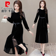 皮爾卡丹金絲絨連衣裙女春秋季新款時(shí)尚氣質(zhì)顯瘦百搭優(yōu)雅禮服裙子媽媽女裝 黑色 L 105-115斤