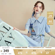 兩三事梵高文藝 美學(xué)漣漪 2025夏季新款印花貼布繡綁帶翻領(lǐng)連衣裙 藍色-y S