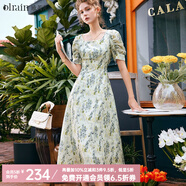 Olrain歐芮兒法式復古方領(lǐng)短袖連衣裙女夏季氣質(zhì)茶歇長(cháng)裙 花色 S