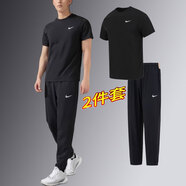 耐克（NIKE）速干運(yùn)動套裝t恤男裝2025夏季快干健身短袖T恤訓(xùn)練梭織長褲2件套 黑色速干套裝/Dri-FIT科技/束腳 3XL/190【建議體重190-200斤】