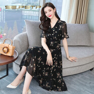 夏典素訂女王（SE.PSTP）碎花雪紡連衣裙子2025年新款女裝夏季天氣質(zhì)大碼媽媽遮肉顯瘦長(cháng)裙 黑色碎花 L (105-120斤)
