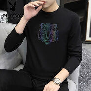 花花公子末代爾男士長袖T恤2025秋季新款老虎頭印花打底衫圓領(lǐng)體恤衫修身 黑色180長袖 M [建議90-105斤]