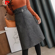 皮爾卡丹新款格子毛呢中長(cháng)裙早秋2025高腰顯瘦千鳥(niǎo)格半身裙大碼韓版a字裙 皮帶千鳥(niǎo)格排扣中長(cháng)   灰黑色 L