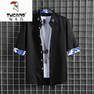 啄木鳥（TUCANO）冰絲襯衫男高級(jí)感痞帥韓版男士短袖七分袖白襯衣修身夏季中袖寸衣 黑色 955（七分） L