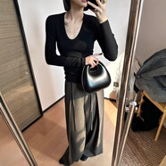 冉藝嵐同款法式高級感黑色正肩U領(lǐng)針織衫女春季修身低領(lǐng)內(nèi)搭毛衣打底衫 黑色[老錢風(fēng)/大領(lǐng)口毛衣/顯身材/ S 均碼