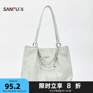 三?？姘驴畎蓍e通勤女包多巴胺大容量單肩包托特包458518 藍色牛仔鍍層 大