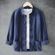 南極人唐裝盤扣棉麻薄外套男休閑襯衣寬松大碼復(fù)古國潮中年老人春秋開衫 藍色 L