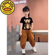 G.DUCKKIDS童裝女童夏裝套裝2024新款洋氣網紅兒童夏季短袖女大童運動兩件套 黑色 T恤+啡色褲子 140 cm適合125-135cm7-8歲
