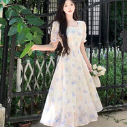 羅蒙（ROMON）法式氣質(zhì)方領(lǐng)大碼連衣裙子女夏季2026新款高級感收腰顯瘦初戀長(cháng)裙 藍色花【版 垂感好】 M 【90-105斤左右】