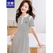 羅蒙（ROMON）黑白條紋polo條紋連衣裙女2025夏季新款翻領(lǐng)收腰學(xué)院風(fēng)休閑a字裙 黑米條紋 L （105-115斤）