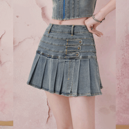 盛放（SEENFAAN）辣妹水洗牛仔露臍背心新款短裙套裝女甜酷復古純欲風(fēng) 藍色半身裙 S  建議90-110斤