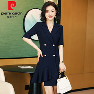 皮爾卡丹（pierre cardin）2025新款西裝連衣裙工作服職業(yè)氣質(zhì)洋氣西裝裙正裝美容師工裝裙子 藏青色連衣裙短袖 2XL