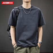 JASONWOOD男士短袖T恤夏季寬松百搭純色休閑衣服新款潮流簡約透氣圓領上衣 3216黑灰色 XL