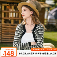 百圖betu女裝秋新款毛針織衫圓領(lǐng)流蘇鏤空長(cháng)袖針織開(kāi)衫女2308T90 黑白條 S