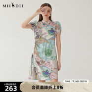 謎底新中式連衣裙短袖2024夏款復(fù)古印花國(guó)風(fēng)旗袍裙抽繩246ML7026 淺紫花 M