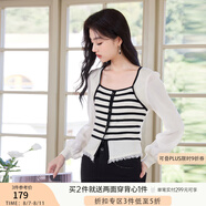 香影（xiangying）條紋針織衫女2025秋季新款法式拼接薄款開叉流蘇修身短款上衣 米色 S