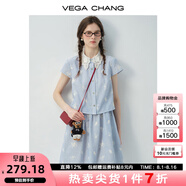 VEGA CHANG短袖連衣裙女2025新款夏蕾絲領(lǐng)拼接條紋刺繡小個子甜美仙女裙 藍色條紋(假兩件) L
