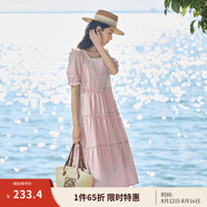 茵曼（INMAN）七七同款連衣裙2025夏女裝新款田園純棉提花方領(lǐng)A字泡泡袖蛋糕裙 皮粉色 XL