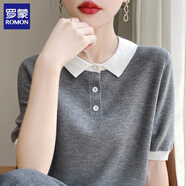 羅蒙（ROMON）又美又颯拼色POLO領(lǐng)短袖t恤女夏季2025年新款內(nèi)搭打底針織衫上衣 灰色 M