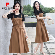 皮爾卡丹（pierre cardin）夏季假兩件流行減齡連衣裙女裝高端2025今年新款薄款收腰背帶裙子 卡其色 3XL (建議150-170斤 高品質(zhì))
