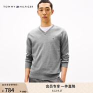 TOMMY HILFIGER【柔軟純棉】25秋冬男撞色條紋學院風針織衫/情侶款純色毛衣 【純色V領】深灰色P7D XS （推薦：120斤以下）